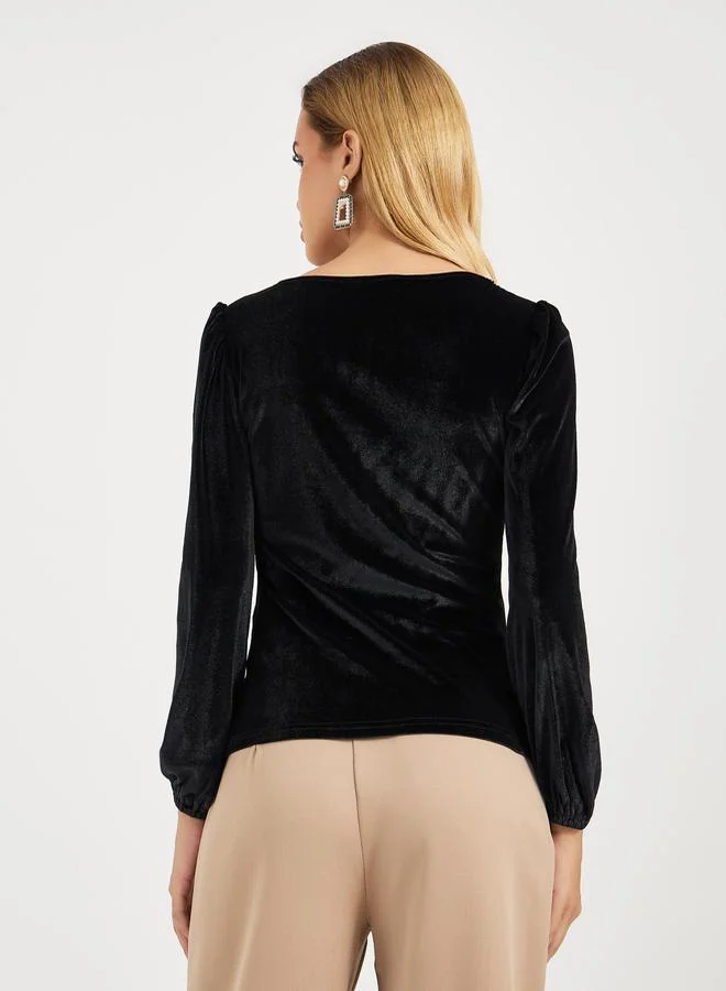 Styli Square Neck Velvet Knit Top with Puff Sleeves
