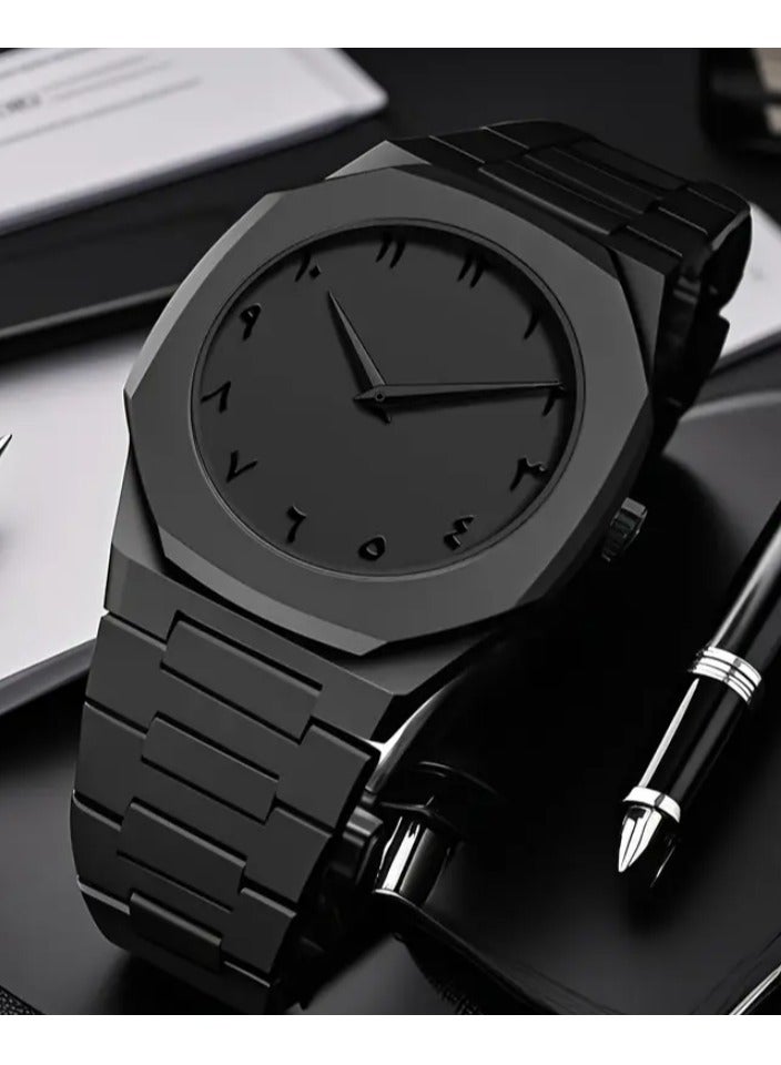 QUALITY All-Black Men's Quartz Watch with Arabic Numerals, Minimalist Analog Display, Octagon Case, 5ATM Waterproof – Gift for Business & Casual Wear  - Image 2