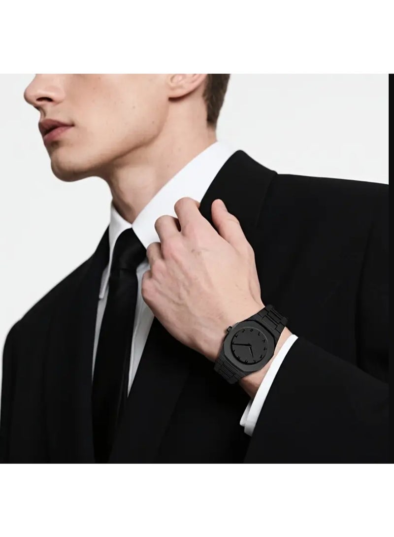 QUALITY All-Black Men's Quartz Watch with Arabic Numerals, Minimalist Analog Display, Octagon Case, 5ATM Waterproof – Gift for Business & Casual Wear  - Image 3