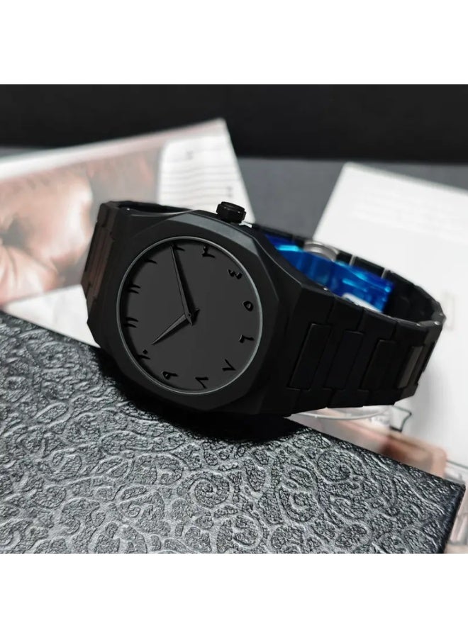 QUALITY All-Black Men's Quartz Watch with Arabic Numerals, Minimalist Analog Display, Octagon Case, 5ATM Waterproof – Gift for Business & Casual Wear  - Image 5
