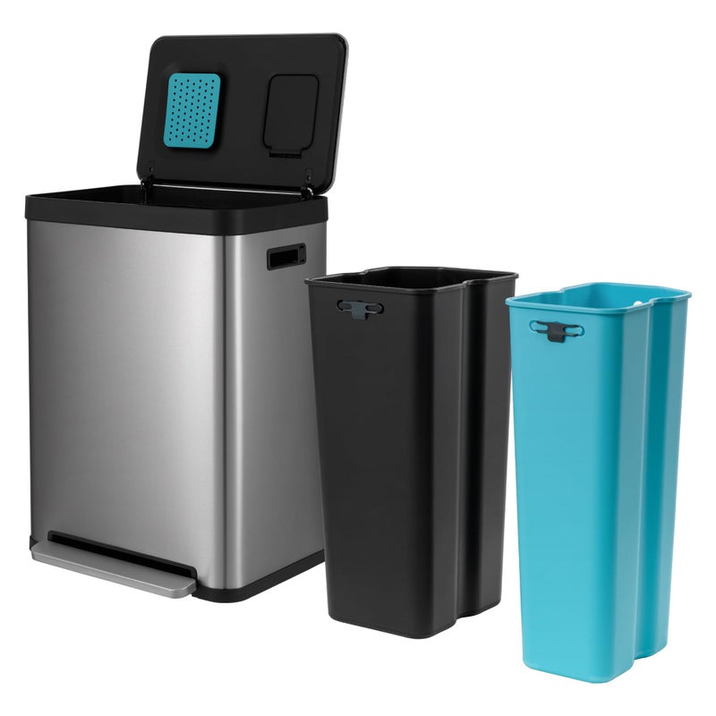 Home Zone Living حاوية قمامة مطبخ سعة 19 جالون من هوم زون ليفينغ مع قسمين لإعادة التدوير تحكم في الروائح كلين أورا من الفولاذ المقاوم للصدأ فضي 70 لتر إجمالي الجيل 1