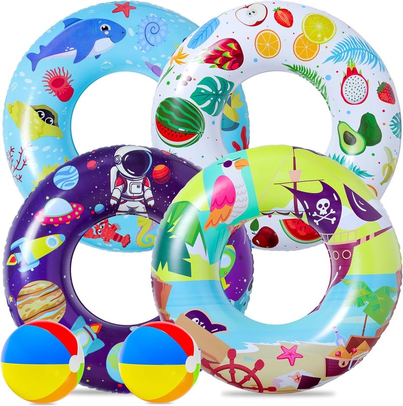 FindUWill 6 Pack Pool Floats Kids, Pool Swim Tubes Rings(4 Pack) - 4Pcs Inflatable Big Floaties Beach Swimming Toys with 2Pcs Beach Balls for Adults Raft Floaties Toddlers - Image 1