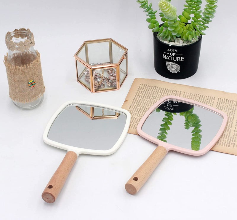 RoarCraft Hand Held Mirror for Makeup Small Wood Hand Mirror Portable Travel Vanity Mirror for MenWomen 55W x 92L inch White Square - Image 2