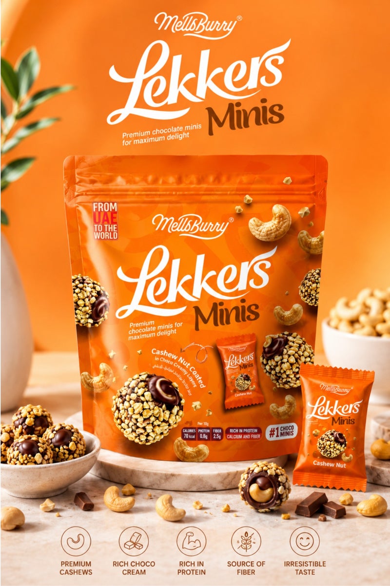 MellsBurry Lekkers Minis Cashew Nut Chocolate Bites 150g – Premium Chocolate Coated Cashew Snack, Rich in Protein, Calcium & Fibre, Assorted Mini Treats - Image 4