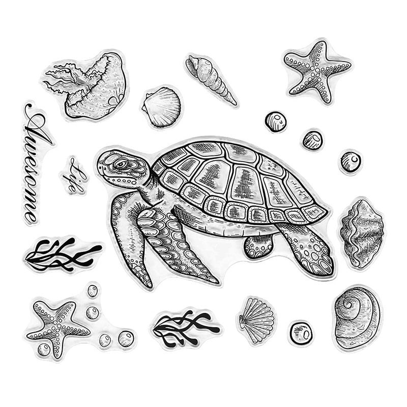 On-Airstore Summer Ocean Sea Turtle Clear Stamps for Card Making Marine Organism Animals Stamps Green Sea Turtle Transparent Rubber Seal Stamps Paper Card Photo Album Crafting DIY Scrapbooking Supplies