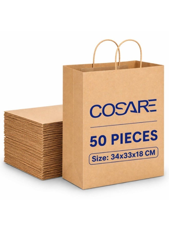 كوساري أكياس ورقية كرافت COSARE عدد 50 قطعة بمقابض ملتوية، أكياس هدايا بنية الحجم 33x34x18 سم، ورق قابل لإعادة التدوير 120 جرام للأحزاب، حفلات الزفاف، أعياد الميلاد، حفلات العزوبية، التسوق بالتجزئة، وتغليف الهدايا - Image 1