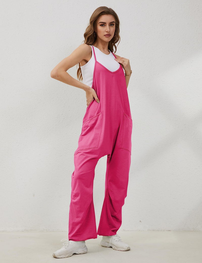 Lentta Women's Causal Jumpsuits V Neck Sleeveless Harem Overalls Stretchy Adjustable Strap Romper with Pockets(RoseRed-L) - Image 5