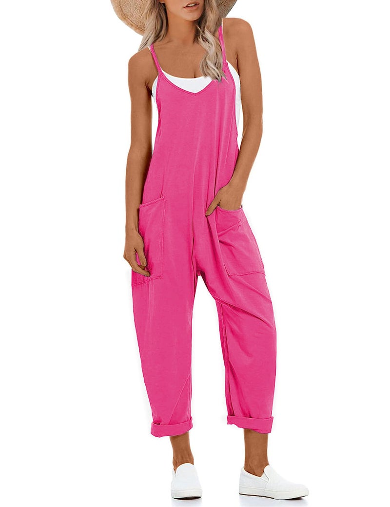 Lentta Women's Causal Jumpsuits V Neck Sleeveless Harem Overalls Stretchy Adjustable Strap Romper with Pockets(RoseRed-L) - Image 1