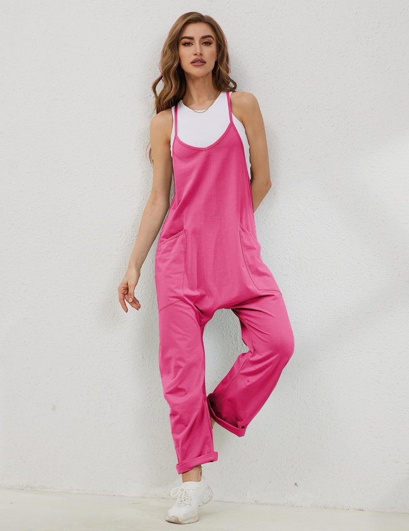 Lentta Women's Causal Jumpsuits V Neck Sleeveless Harem Overalls Stretchy Adjustable Strap Romper with Pockets(RoseRed-L) - Image 2