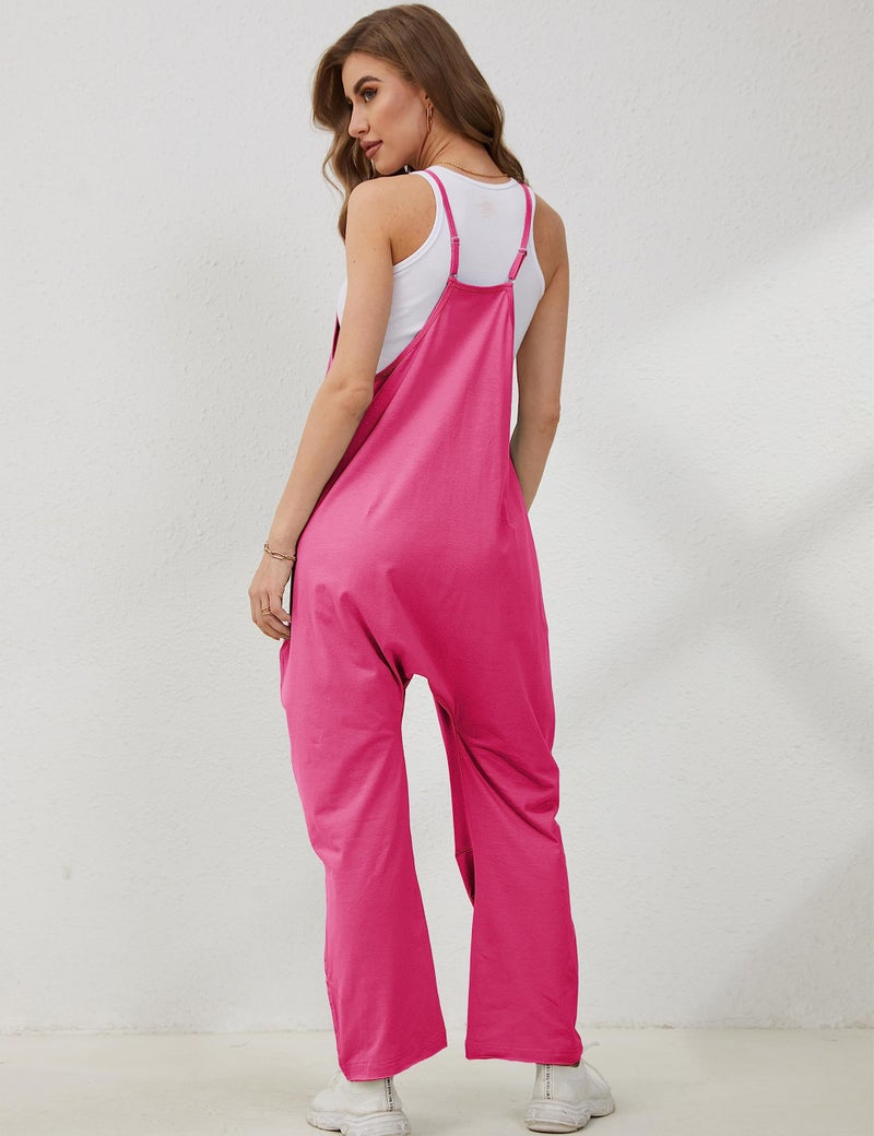 Lentta Women's Causal Jumpsuits V Neck Sleeveless Harem Overalls Stretchy Adjustable Strap Romper with Pockets(RoseRed-L) - Image 4