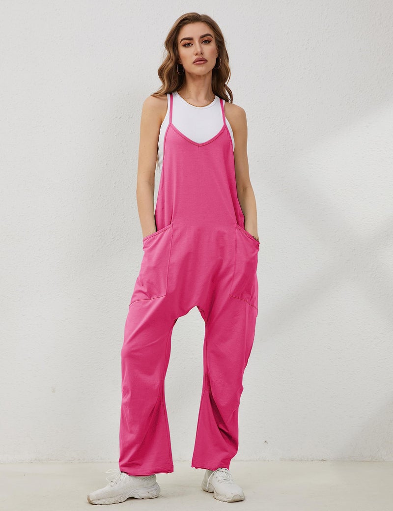 Lentta Women's Causal Jumpsuits V Neck Sleeveless Harem Overalls Stretchy Adjustable Strap Romper with Pockets(RoseRed-L) - Image 3