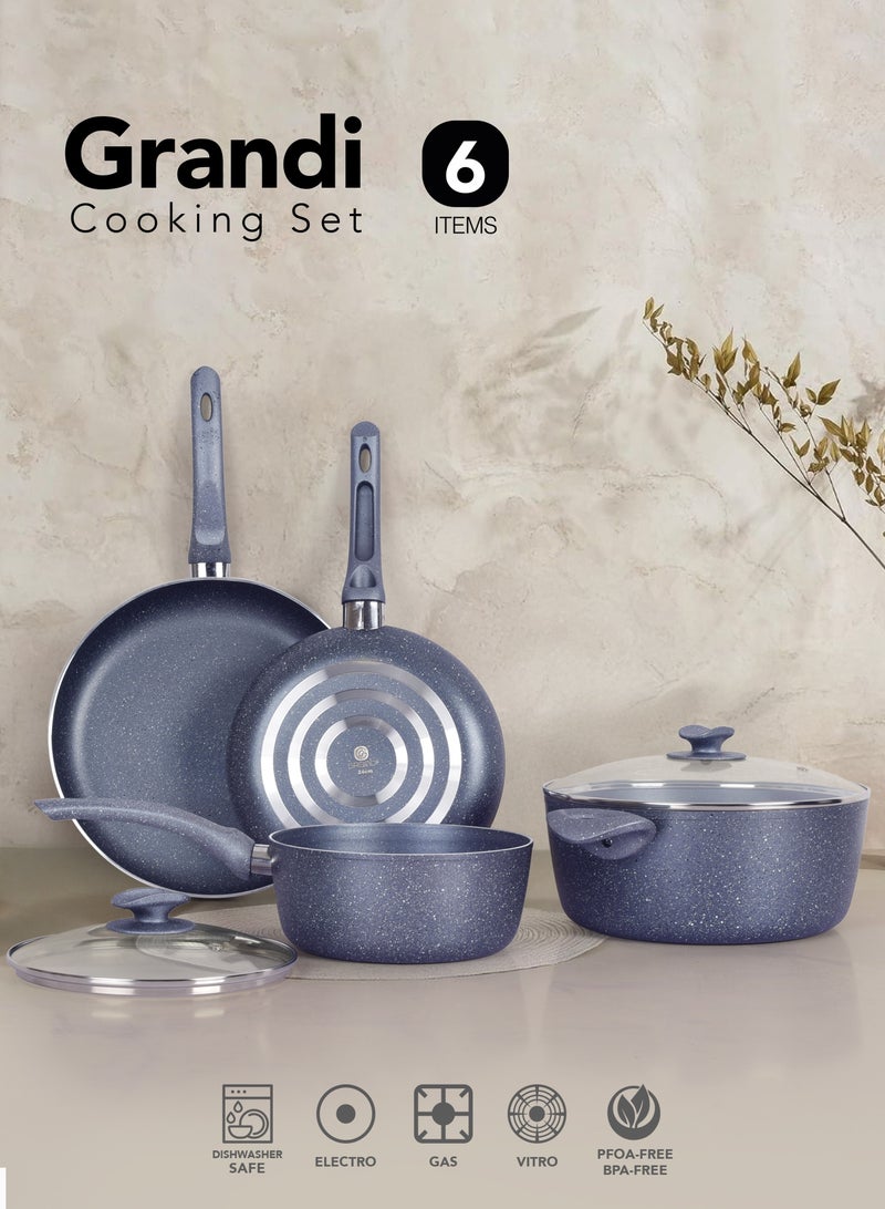 Grandi Titanium 6-Piece Set  Casserole 26 Frypan 24 - 28- Saucepan with Lid 20 Glass Lids Granite Grey - Image 1