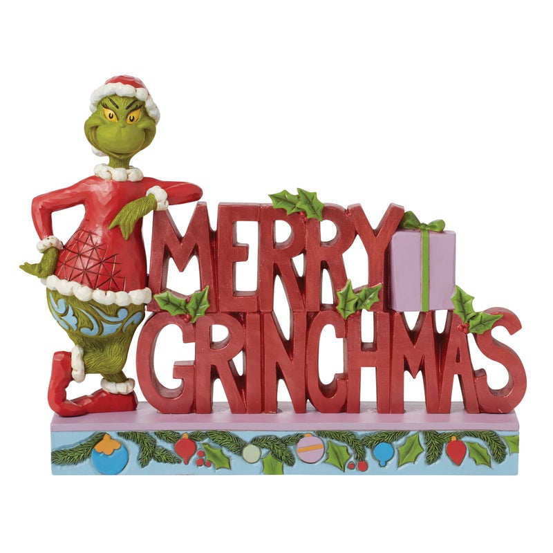 Enesco Dr Seuss Grinch by Jim Shore Santa Grinch Merry Christmas Word Sign Grinch Figurine Stone Resin Hand Crafted Collectible Christmas Figurines Home Decor Sculpture Statue 709 Inch Multicolor - Image 2