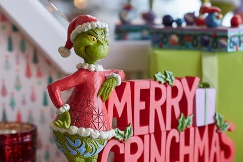Enesco Dr Seuss Grinch by Jim Shore Santa Grinch Merry Christmas Word Sign Grinch Figurine Stone Resin Hand Crafted Collectible Christmas Figurines Home Decor Sculpture Statue 709 Inch Multicolor - Image 3
