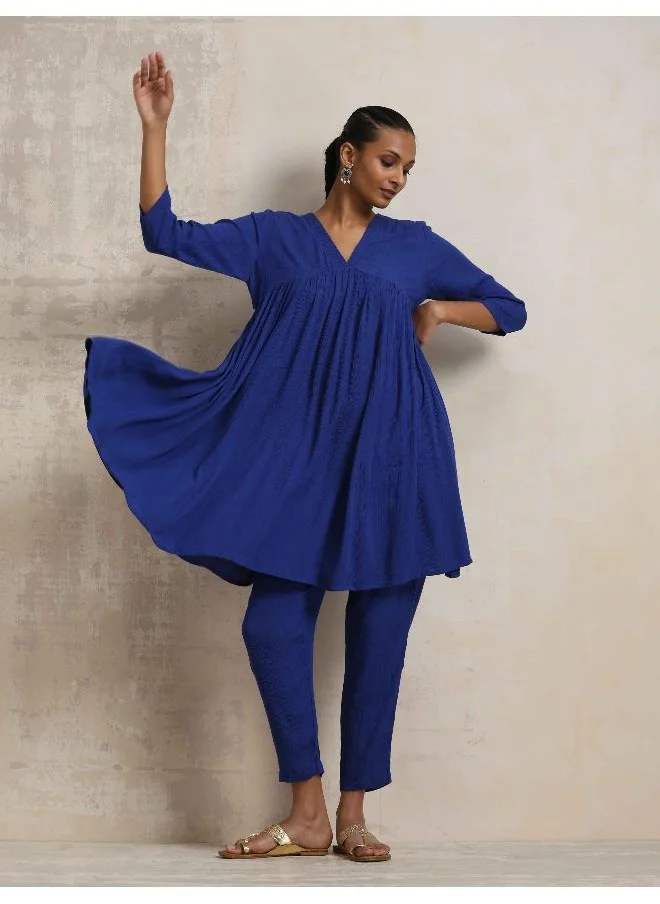ترو برونز trueBrowns Blue Crinkle Flared Kurta Co-ord Set