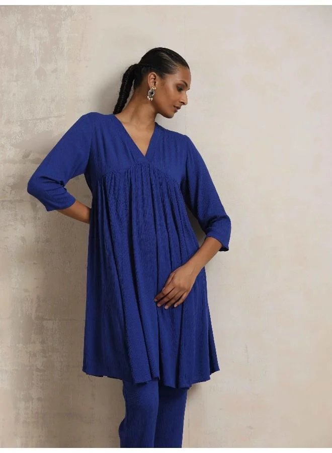 trueBrowns Blue Crinkle Flared Kurta Co-ord Set