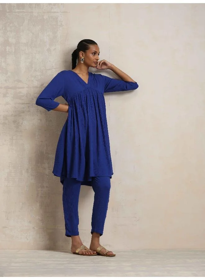trueBrowns Blue Crinkle Flared Kurta Co-ord Set