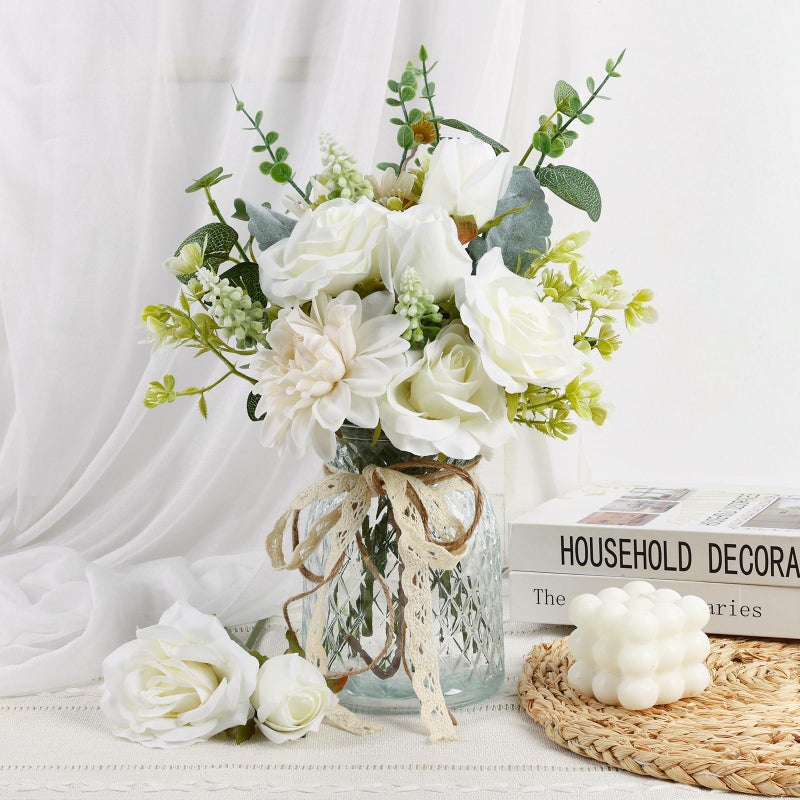 CEWOR Fake Flowers in Vase, Artificial Flowers Arrangement in Vase, Fake Floral Table Centerpieces Decor for Kitchen Farmhouse Coffee Table Living Room Bathroom Plant Decor - Image 1