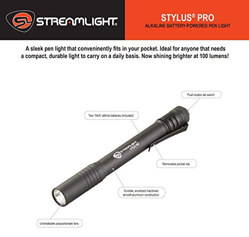 Streamlight 66118 Stylus Pro 100-Lumen Penlight with 2 AAA Alkaline Batteries, Black - Image 3