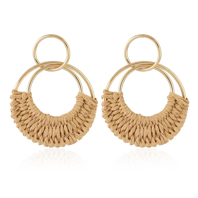 AIDSOTOU Handmade Raffia Hoop Earrings Statement Tropical Bohemian Straw Dangle Earrings Natural Rattan Vacation Style Round Earrings for Women Summer Beach Party Essential Jewelry (Boho style A) - Image 1