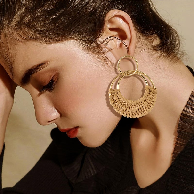 AIDSOTOU Handmade Raffia Hoop Earrings Statement Tropical Bohemian Straw Dangle Earrings Natural Rattan Vacation Style Round Earrings for Women Summer Beach Party Essential Jewelry (Boho style A) - Image 3