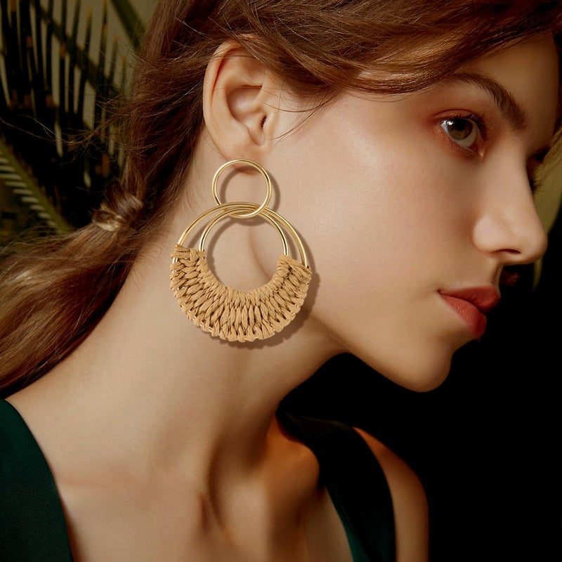 AIDSOTOU Handmade Raffia Hoop Earrings Statement Tropical Bohemian Straw Dangle Earrings Natural Rattan Vacation Style Round Earrings for Women Summer Beach Party Essential Jewelry (Boho style A) - Image 4