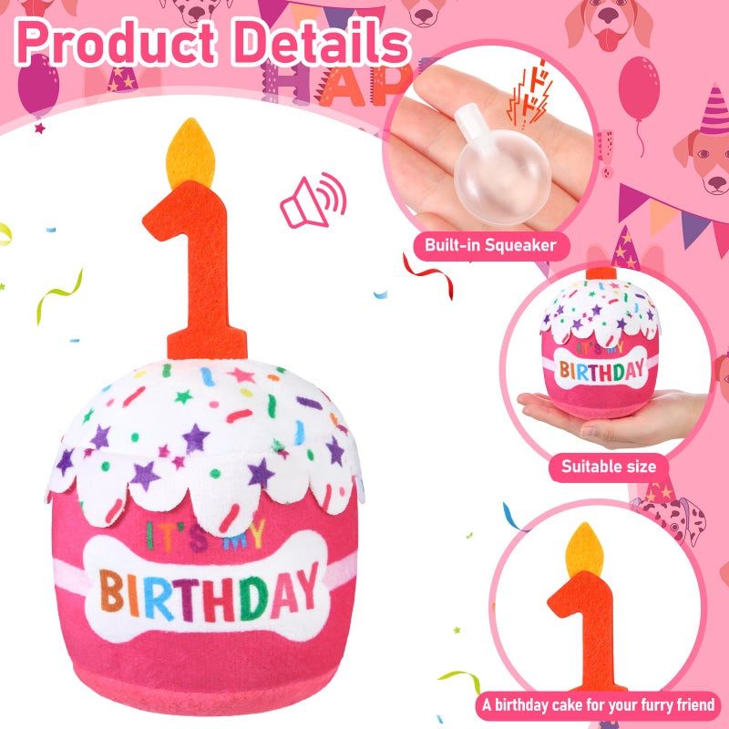 Dansydaisy Dog Birthday Cake Toy Accessories for Girl Boy Gifts, Squeaky Plush Toy for Dog Birthday Party Decor Favor for Large, Medium and Small Dogs(1st,Pink) - Image 2