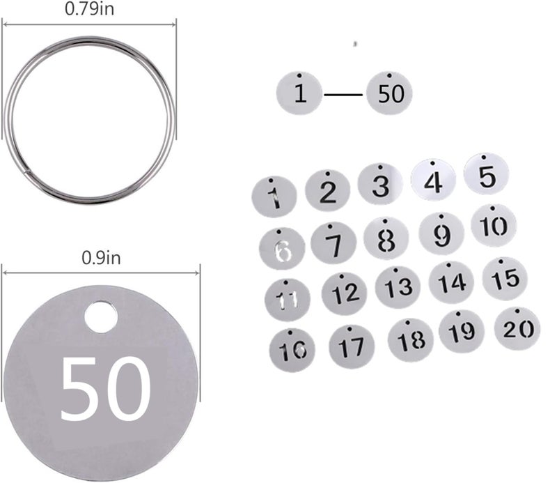 Simidobook 1-50 Key Tags, Round Metal Number Tags Stainless Steel Number ID with Hole Number Key Ring Chain with Split Ring for Organized Coding Key Box Cabinet System Identifiers (50, 1-50) - Image 2