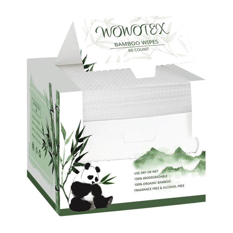 WOWOTEX Bamboo Viscose Disposable Face Towel Biodegradable Large Dry Face Wipes 60 Count Extra Thick Soft Clean Facial Towels for Sensitive Skin Makeup Removing Facial Cleansing Nursing Travel