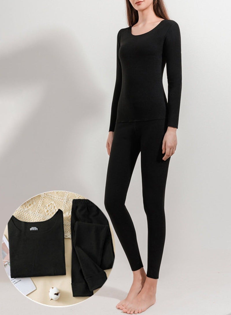 VUCATIN Women and Men Thick Thermal Underwear Set Couples Ultra-Soft Long Johns Set Crew Neck Base Layer Stretch Long Johns Bottoms Leggings for Cold Weather Training Hiking Outdoor Sports (Black) - Image 1