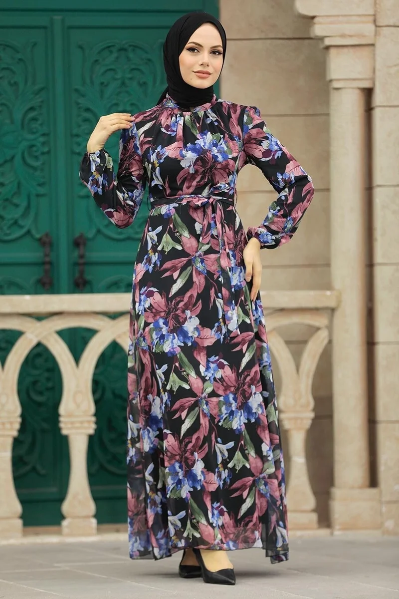 نيفا ستايل - Dusty Rose Hijab Dress with Flower Pattern 27941GK