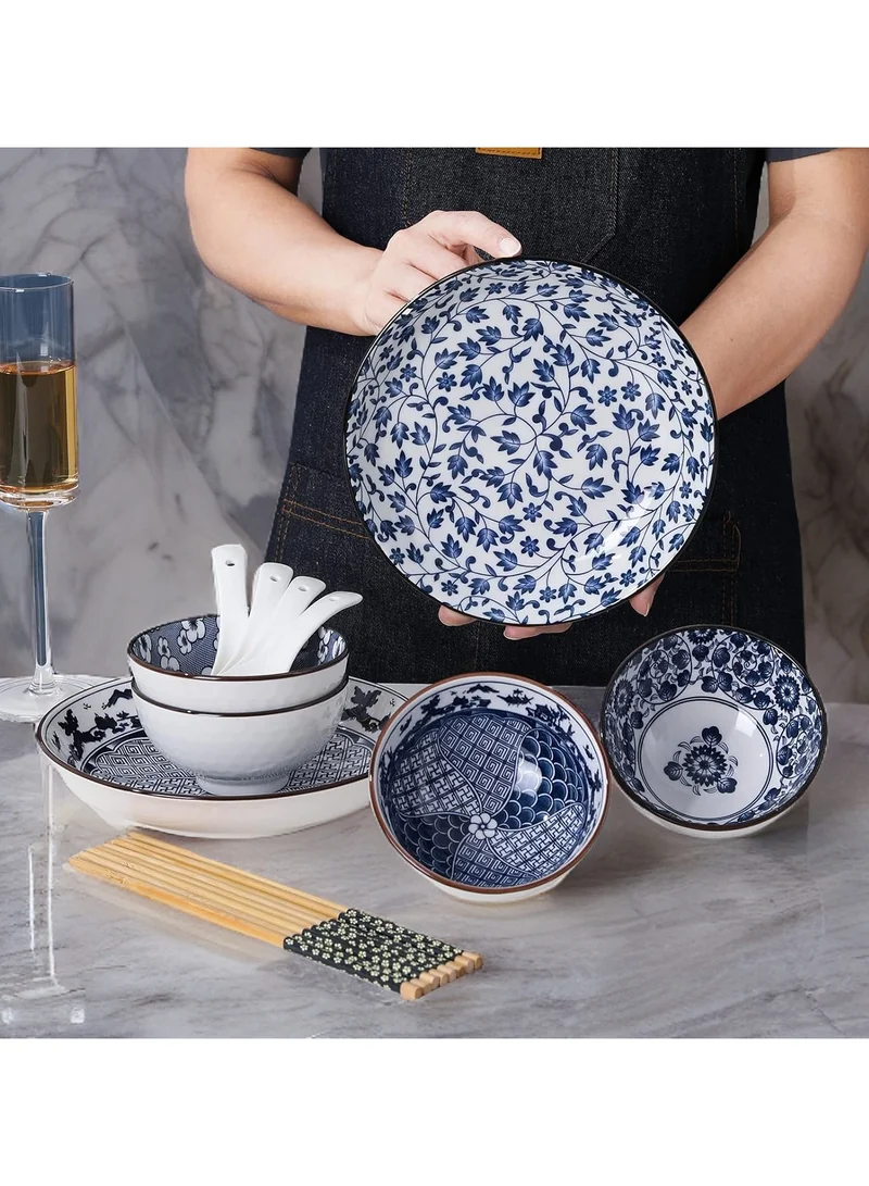 كويزيرا أطقم أواني طعام من البورسلين، أوعية أرز يابانية، أوعية شوربة صغيرة، أوعية للحلوى الآيس كريم، آمنة للاستخدام في غسالة الأطباق في الميكروويف (مجموعة أوعية زرقاء وبيضاء)
