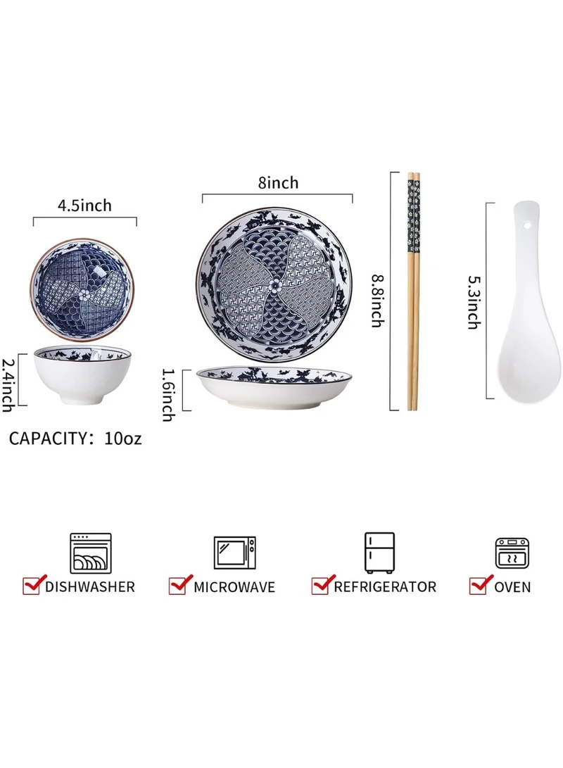 كويزيرا أطقم أواني طعام من البورسلين، أوعية أرز يابانية، أوعية شوربة صغيرة، أوعية للحلوى الآيس كريم، آمنة للاستخدام في غسالة الأطباق في الميكروويف (مجموعة أوعية زرقاء وبيضاء)