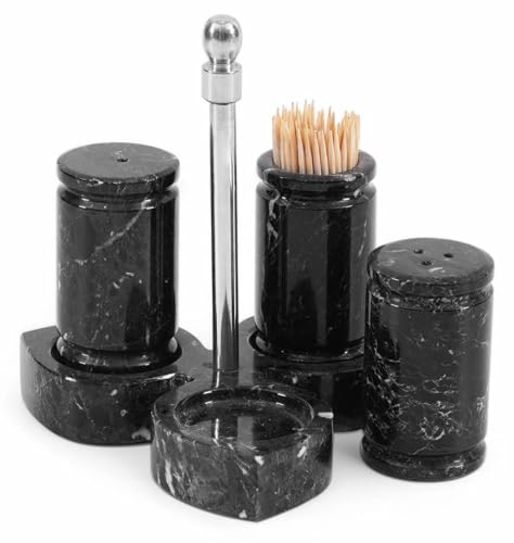 MARBLE RANGE Marble Salt and Pepper Shakers Set of 3 Handmade Black Stone Spice Shakers 08 oz with Tray Elegant Tabletop Seasoning Set for Kitchen Countertop Dining Table Saleros Decorativos - Image 1