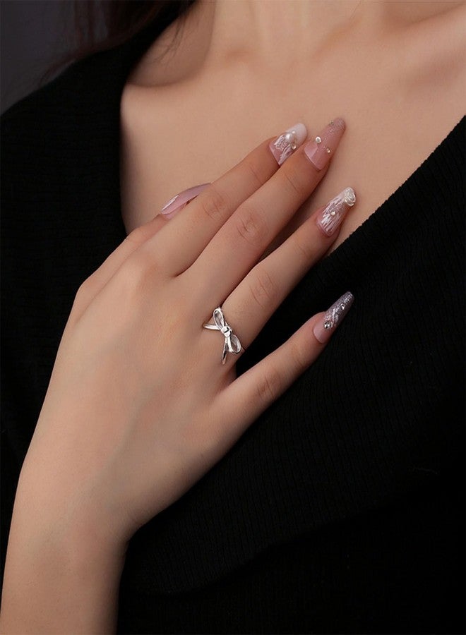 GLMOCM Bow Ring for Women Dainty Gold Bowknot Rings Pink Bow Ribbon Ring Promise Rings for Her Christmas Birthday Valentines Day Gifts (Silver) - Image 2