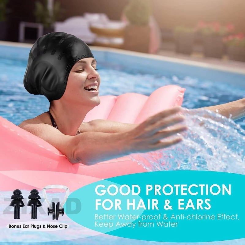 TEKCOOL Latest Designed Long Hair Swim Cap,Waterproof Silicone Swimming Cap for Adult Woman and Men,Keeps Hair Clean with Ear Protector Fresh Long Lasting Silicone Made Waterproof Swimming Cap (Black) - Image 4