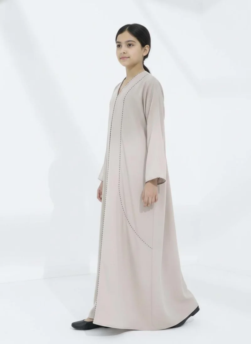 أم سكوير فاشن Melange Fabric Beige Kids Abaya with Lace On Front & Cuffs  Elegant Girls Modest Wear