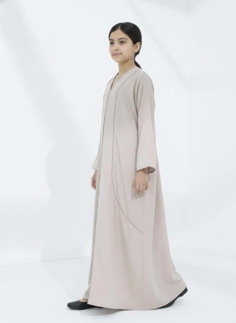 MSquare Fashion Melange Fabric Beige Kids Abaya with Lace On Front & Cuffs  Elegant Girls Modest Wear - Image 2