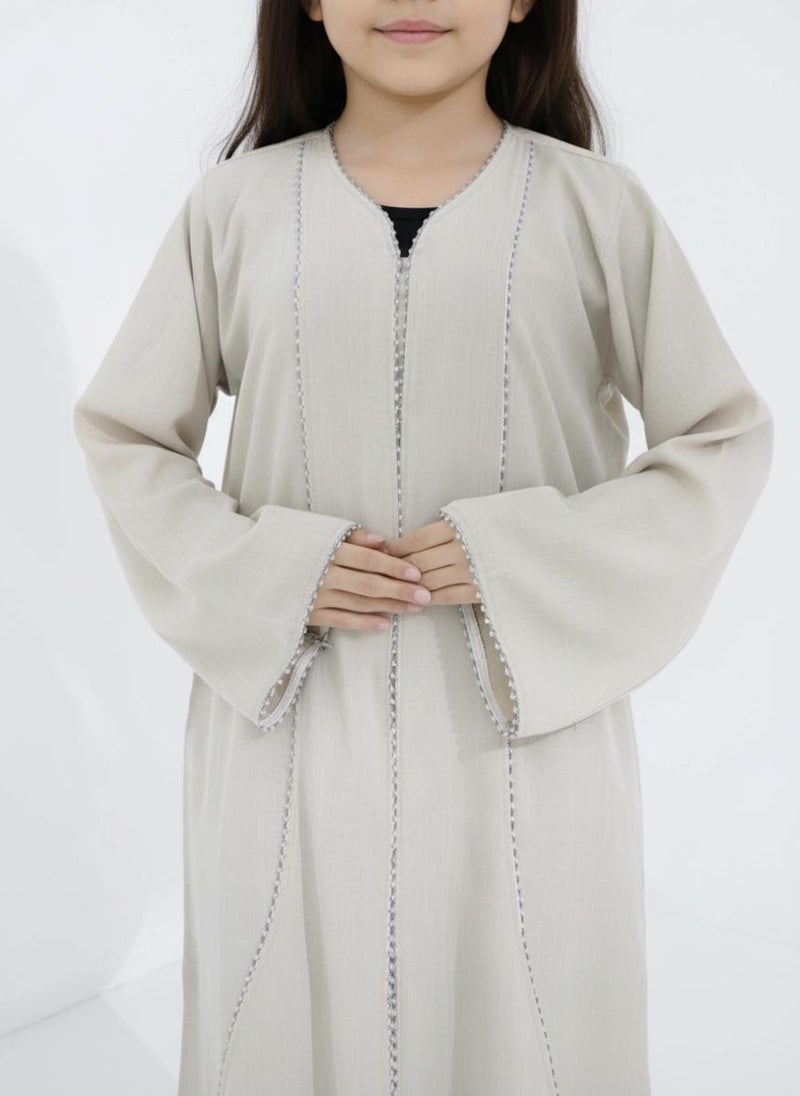 MSquare Fashion Melange Fabric Beige Kids Abaya with Lace On Front & Cuffs  Elegant Girls Modest Wear - Image 3