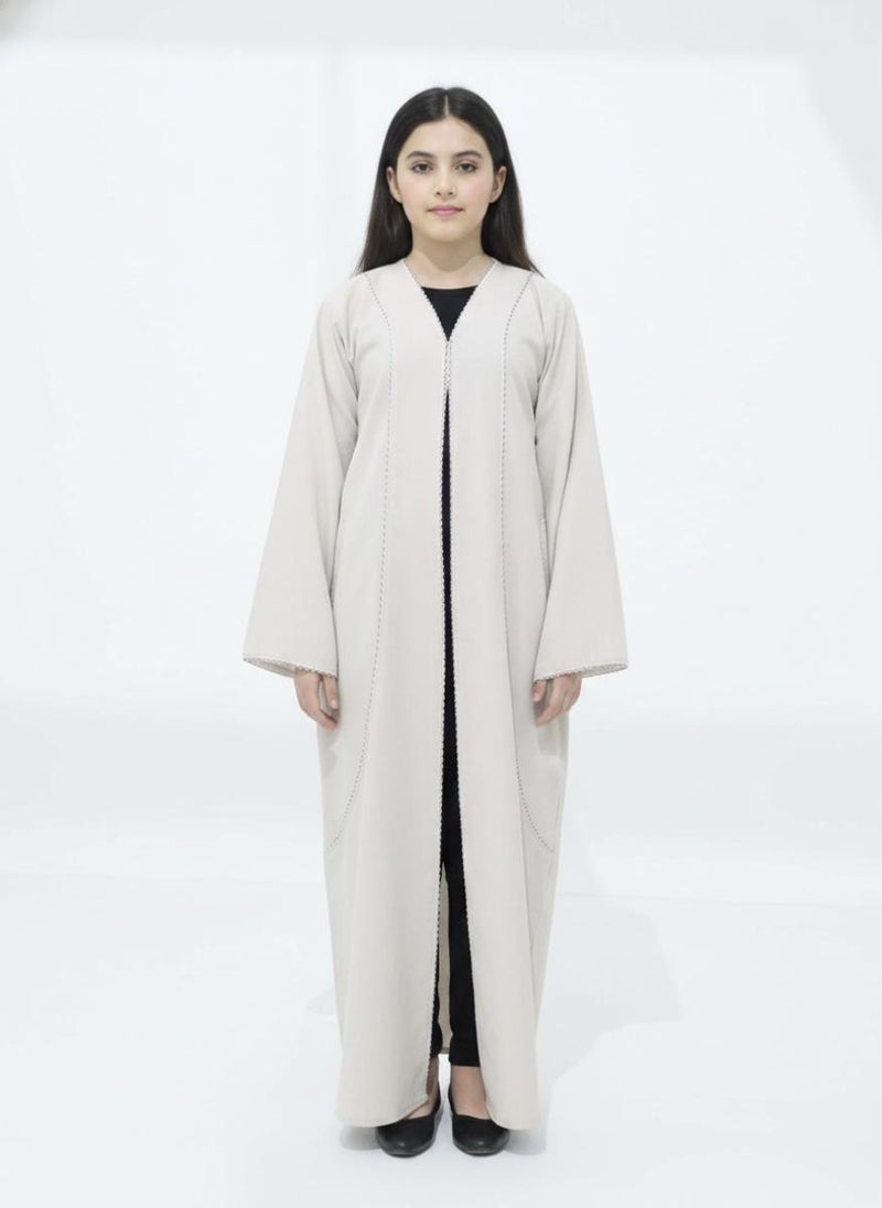 MSquare Fashion Melange Fabric Beige Kids Abaya with Lace On Front & Cuffs  Elegant Girls Modest Wear - Image 1