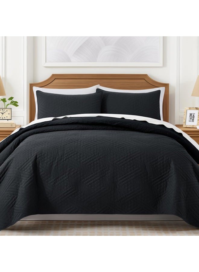 Lavsiry Black Quilt King Size with Striped Pattern, Lightweight Soft Summer Microfiber Bedspread & Coverlet Bedding Set for All Seasons - 3 Piece(1 Quilt, 2 Pillow Shams) - Image 2