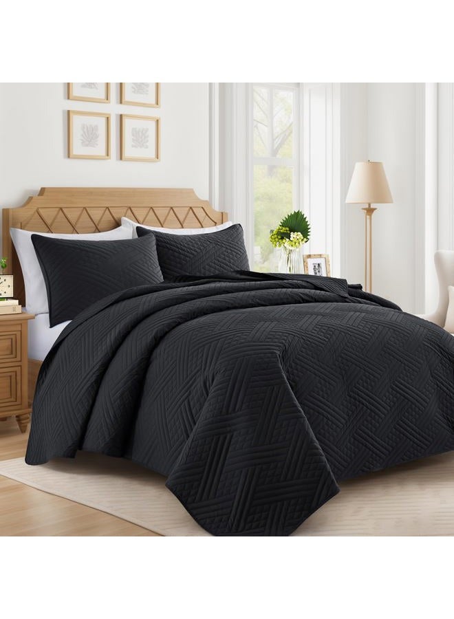 Lavsiry Black Quilt King Size with Striped Pattern, Lightweight Soft Summer Microfiber Bedspread & Coverlet Bedding Set for All Seasons - 3 Piece(1 Quilt, 2 Pillow Shams) - Image 1