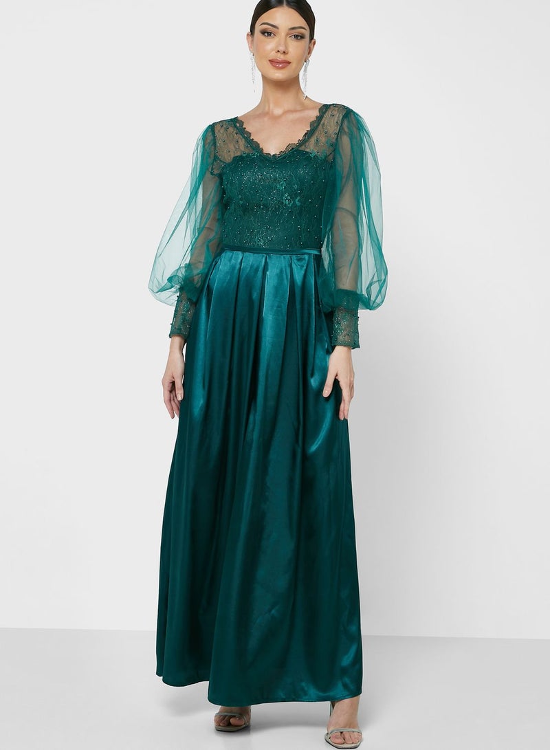 Khizana Emerald Lace Dress - Image 1