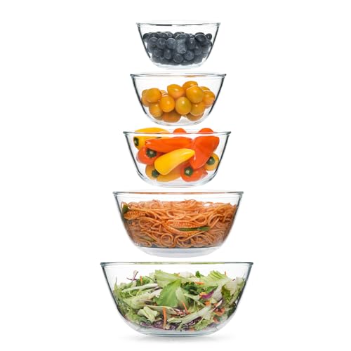 5pc Glass Mixing Bowls Sets 465QT 280QT 164QT 116QT 085QT Glass Nesting Kitchen Thick Bowl for Baking Cooking Prep Storage Large Salad Bowls SetsDishwasher Microwave Freezer Safe