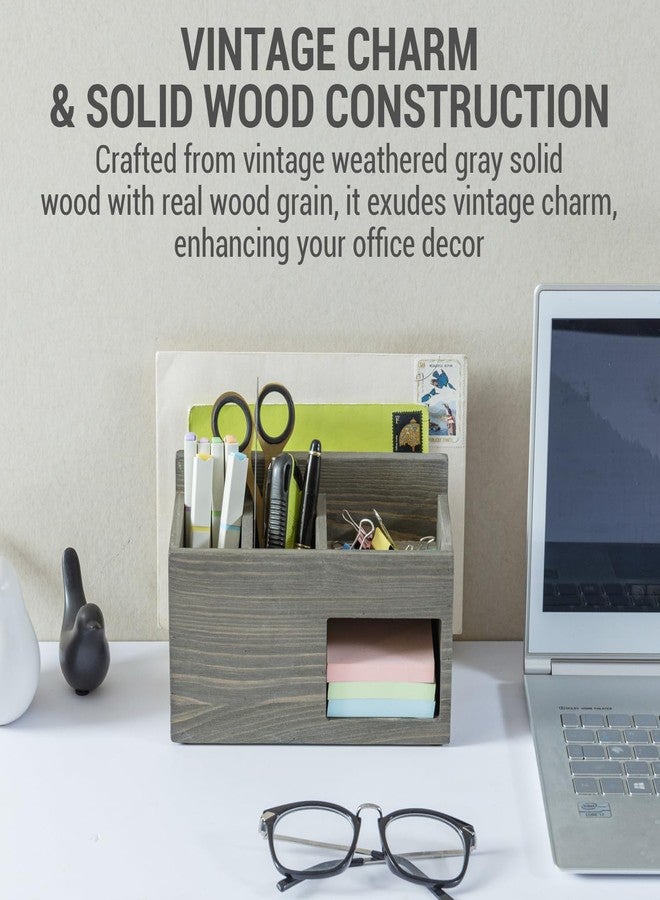MyGift Vintage Weathered Gray Solid Wood Desktop Organizer - Mail Slot, 2 Pen Holders, Sticky Note Storage, Supplies Tray, Office Desk Caddy - Image 2