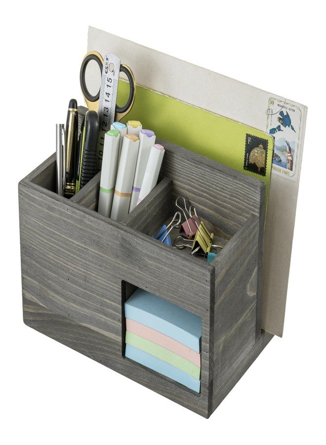 MyGift Vintage Weathered Gray Solid Wood Desktop Organizer - Mail Slot, 2 Pen Holders, Sticky Note Storage, Supplies Tray, Office Desk Caddy - Image 1