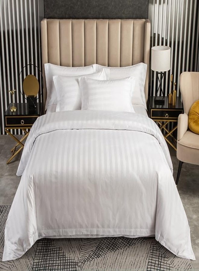 Cadrica 4 Piece White Striped Single Bed Duvet Cover Set - Hotel Quality Bedding includes 1 Fitted Sheet, 1 Duvet Cover, and 2 Pillowcases for Hotel-Style Comfort - Image 1