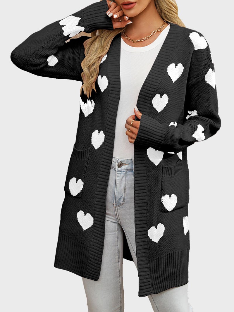 HOULENGS Women's Cute Heart Long Cardigan Sweaters V Neck Ribbed Knit Open Front Sweater Coats with Pockets Black Small - Image 4