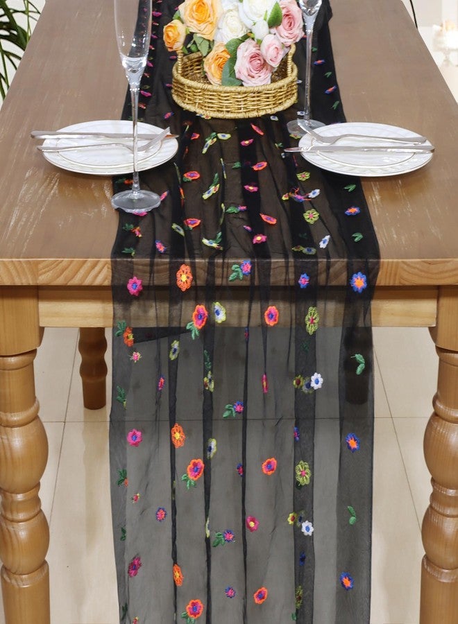 MILVOWOC Black Embroidery Daisy Gauze Table Runner, 120 Inch（10FT Floral Tulle Table Runner for Home Decor, Wedding, Baby Shower, Spring & Seasonal Decorations and Valentine’s Day (3 Pack) - Image 2