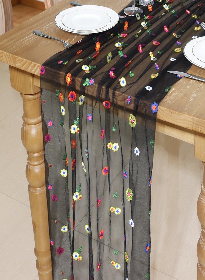 MILVOWOC Black Embroidery Daisy Gauze Table Runner, 120 Inch（10FT Floral Tulle Table Runner for Home Decor, Wedding, Baby Shower, Spring & Seasonal Decorations and Valentine’s Day (3 Pack) - Image 1